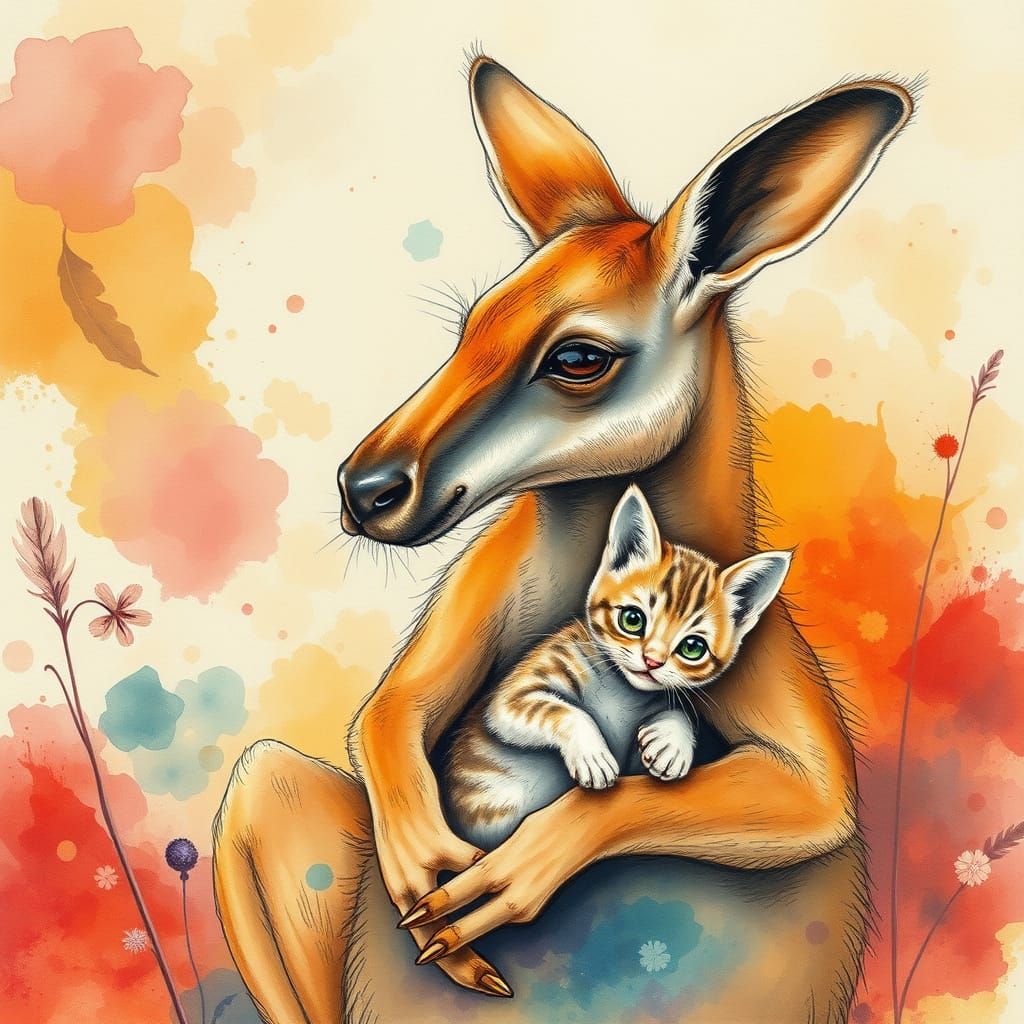 cute kangaroo with cat