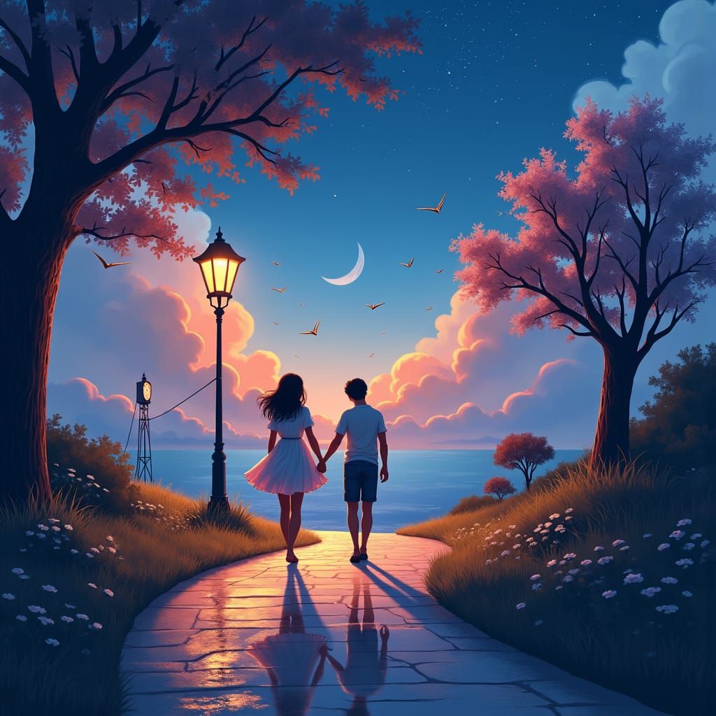 Couple on Illuminated Path in Dreamlike Fantasy Art