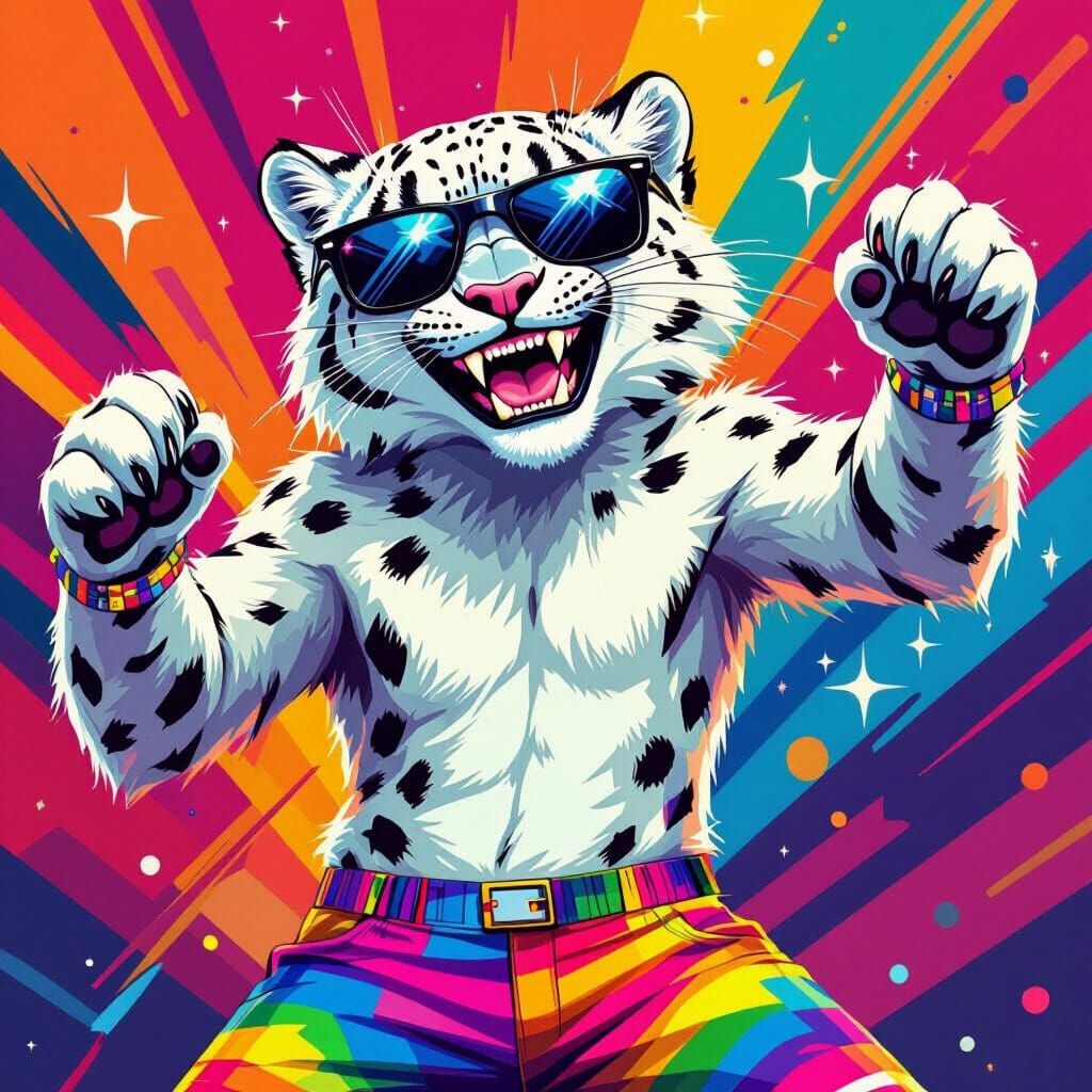 Dancing Snow Leopard with Rainbow Pants, Digital Art