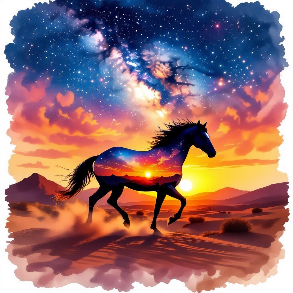 Galloping Horse Silhouette at Sunset in Watercolor