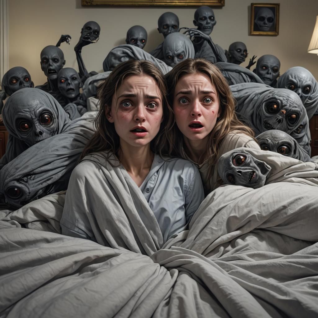 Hyperrealistic female wakened from sleep by gray aliens with...