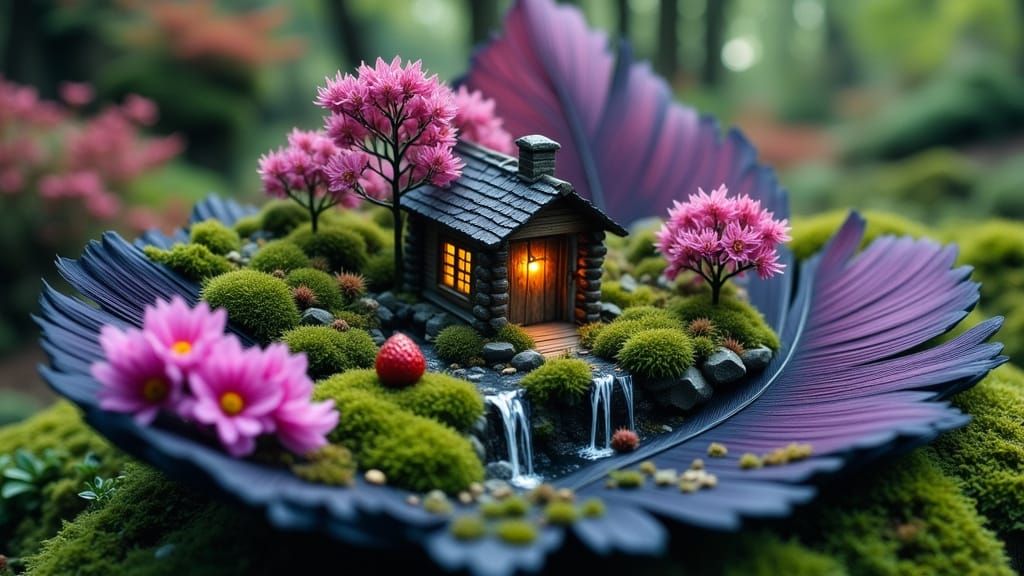 Miniature Log Cabin on Feather in Lush Landscape