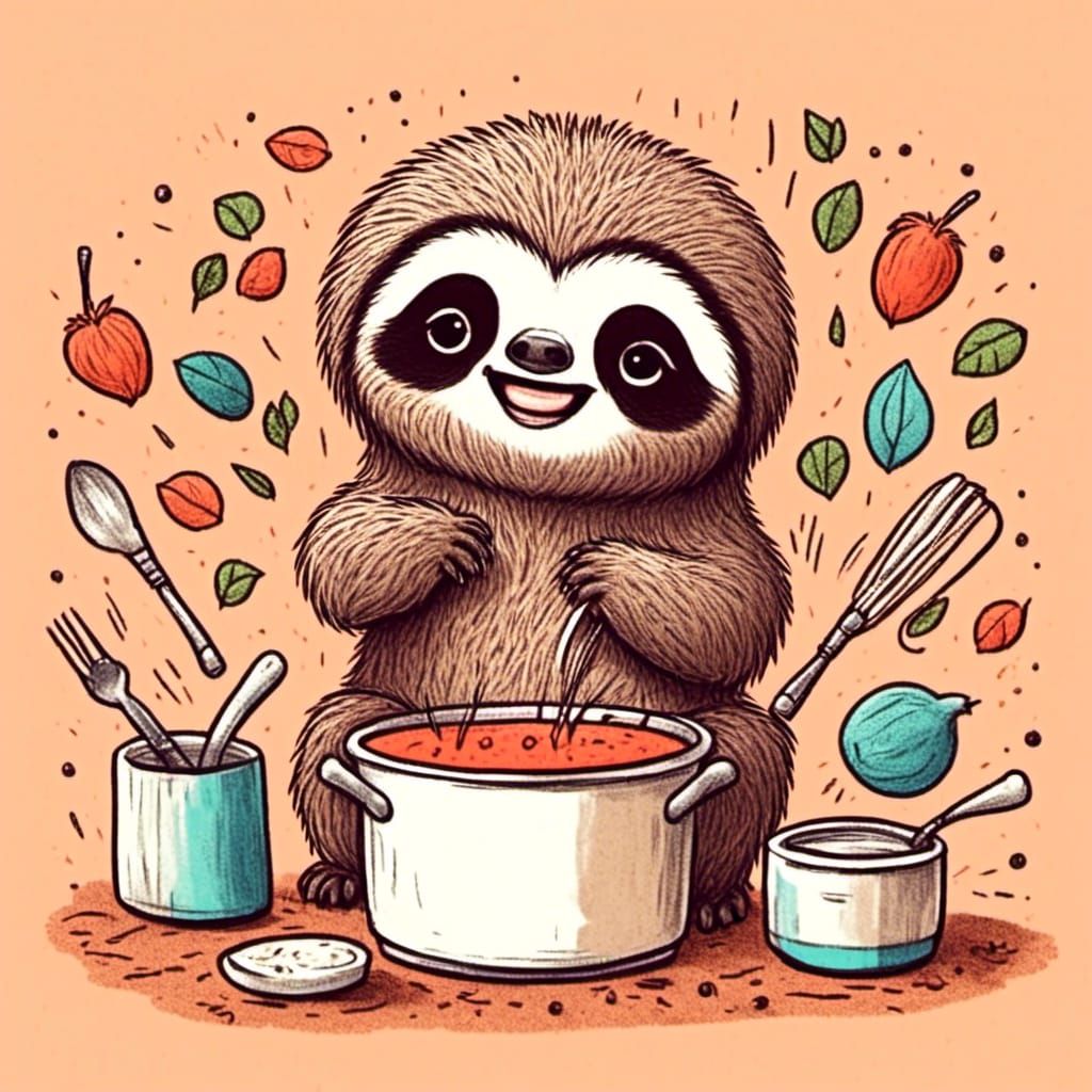 Cute Baby Sloth Cooking with Doodle Art