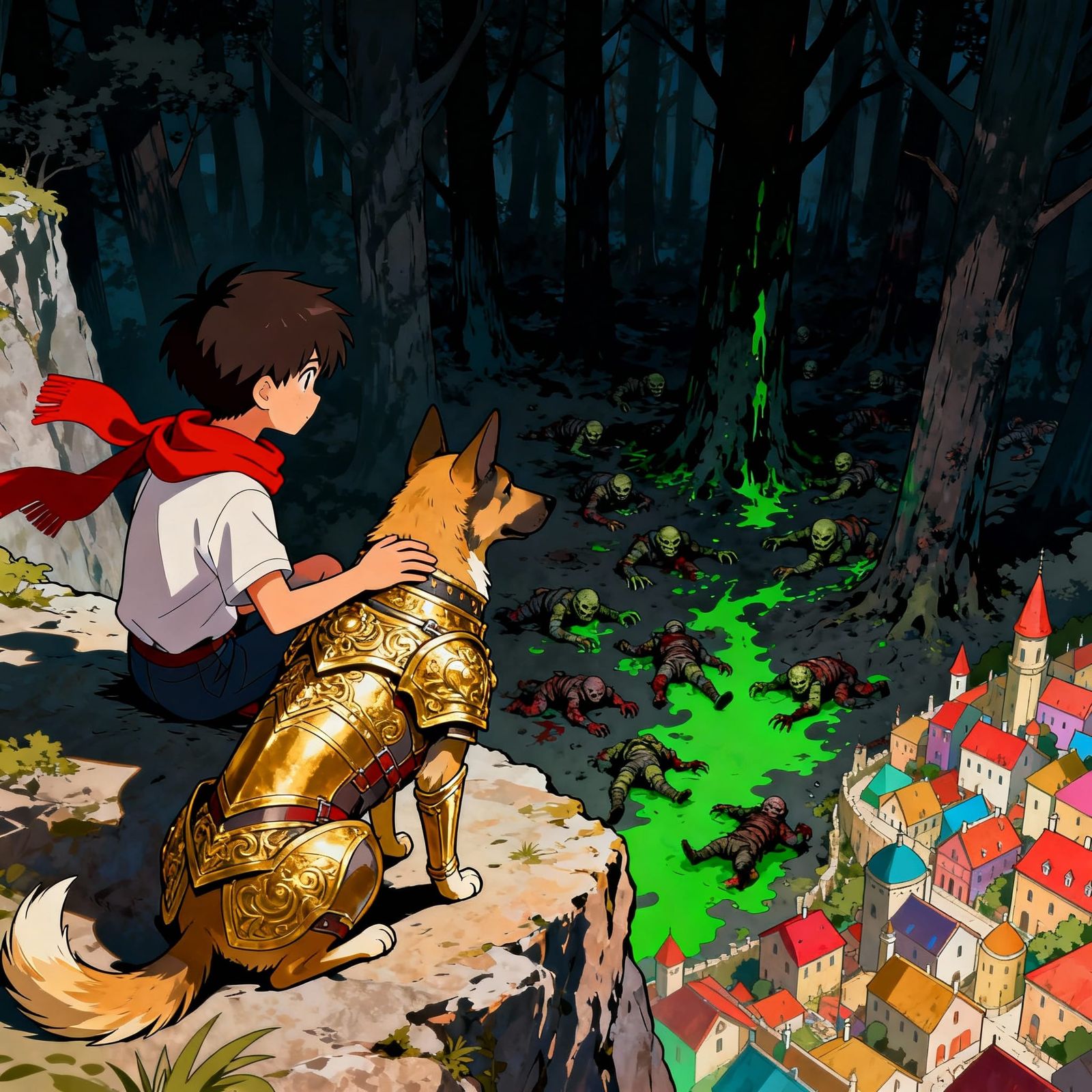 Boy Protecting Town With Dog From Goblin Invasion