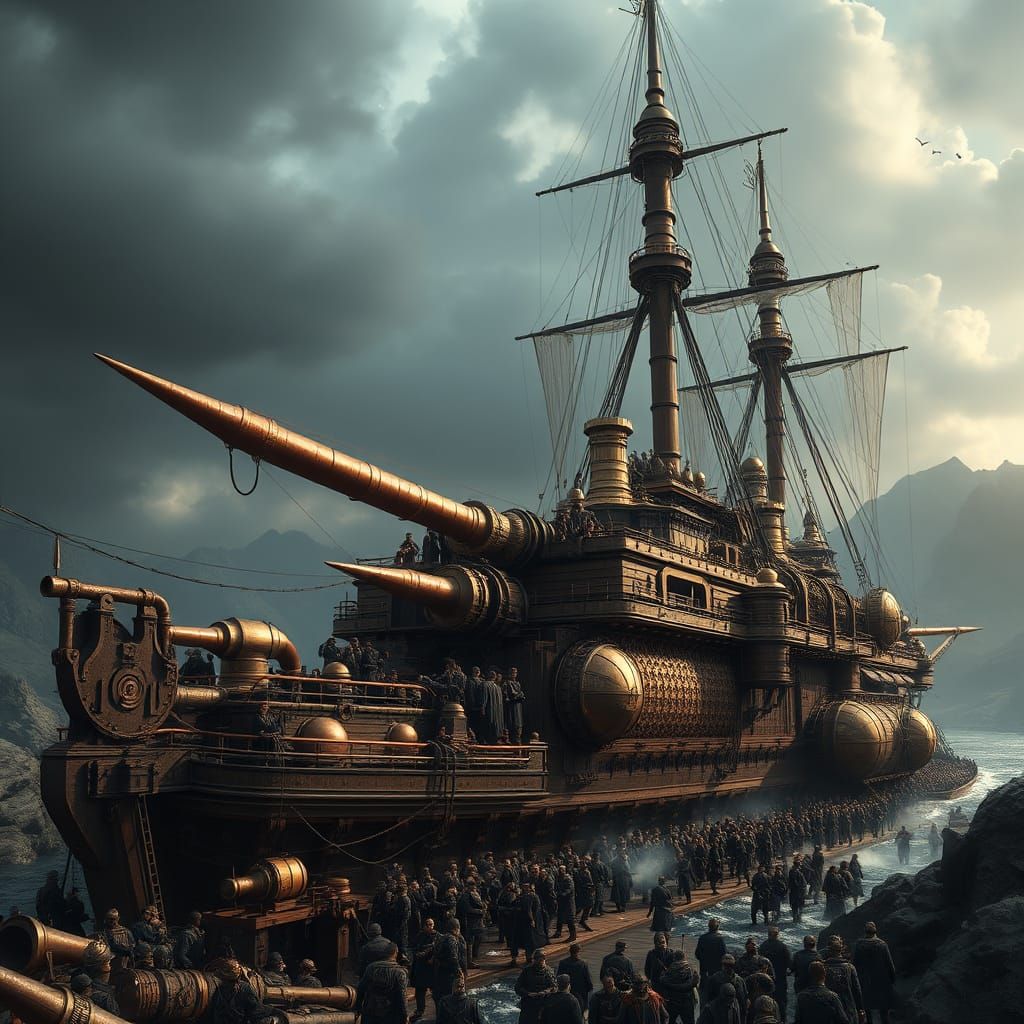 Steam-Powered Warship in Epic Steampunk Landscape