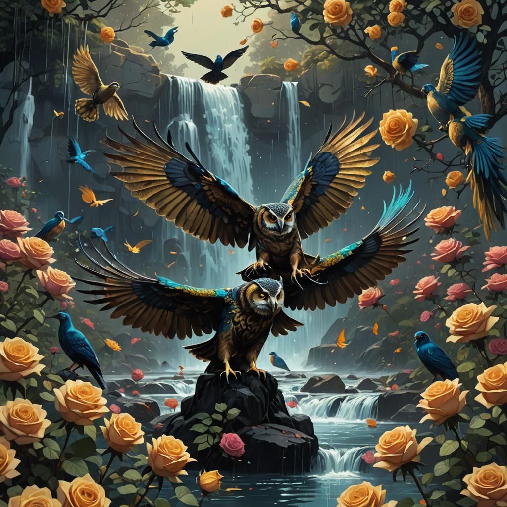 Owl with Golden Peacock Wings in a Dark Forest
