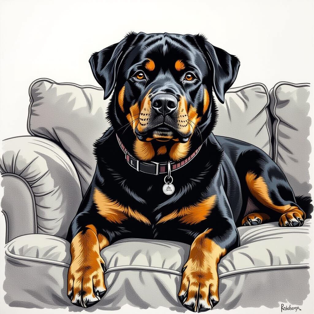 Hyperdetailed Charcoal Drawing of Rottweiler on Couch
