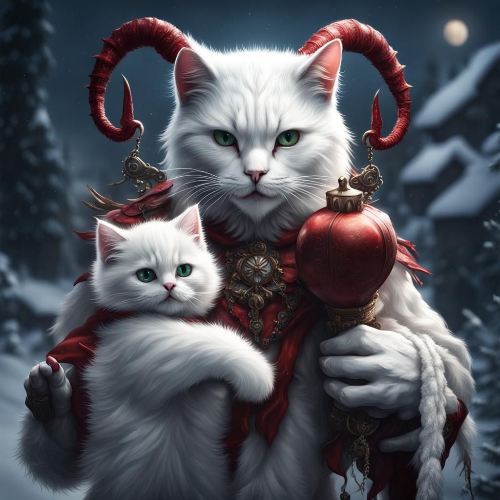 White Cat with Krampus Doll, Detailed Digital Art