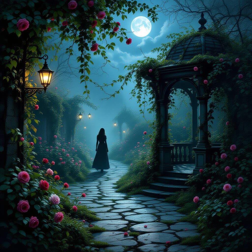 Moonlit Forgotten Garden with Figure in Oil Paint