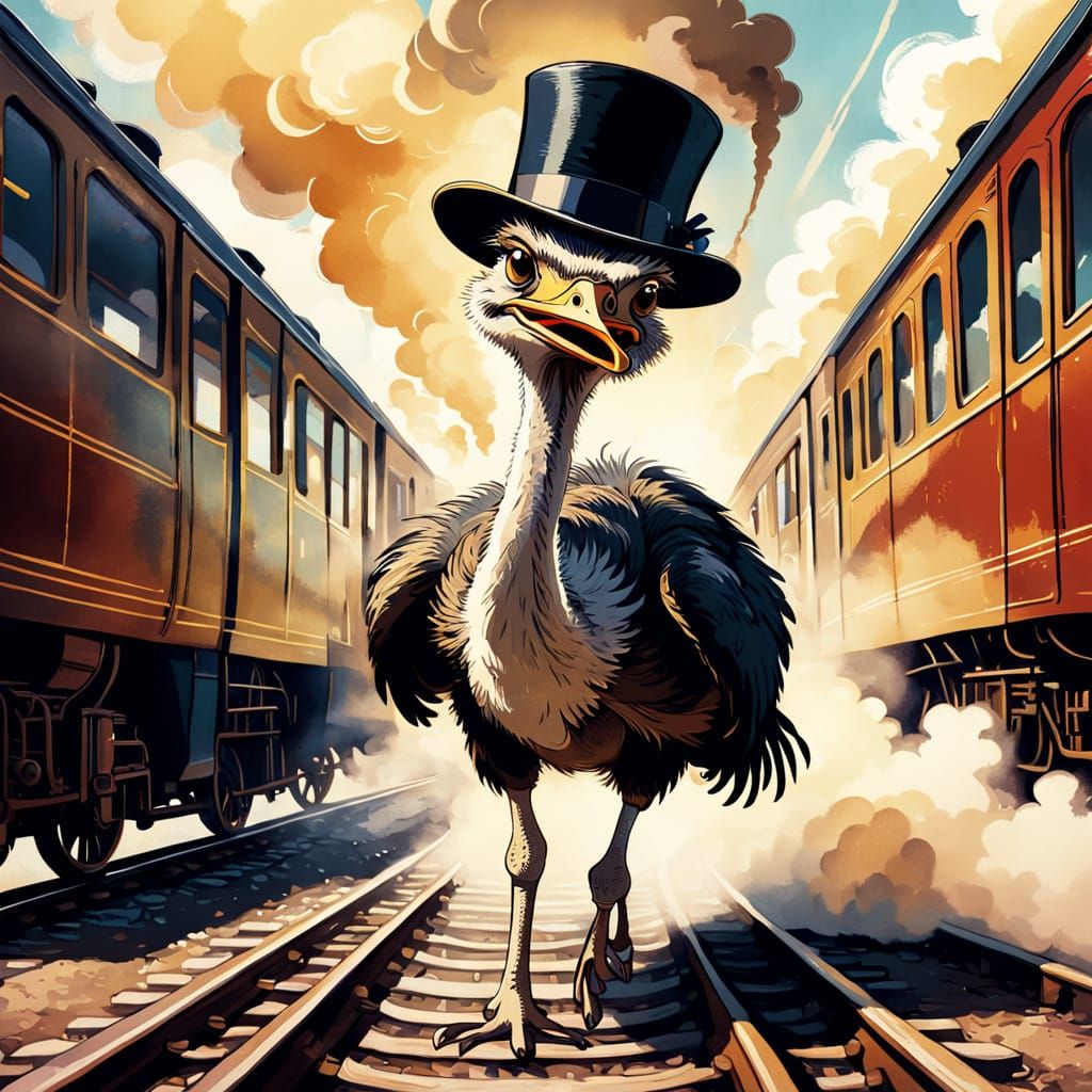Ostrich in Top Hat Chasing Train, Retro Illustration