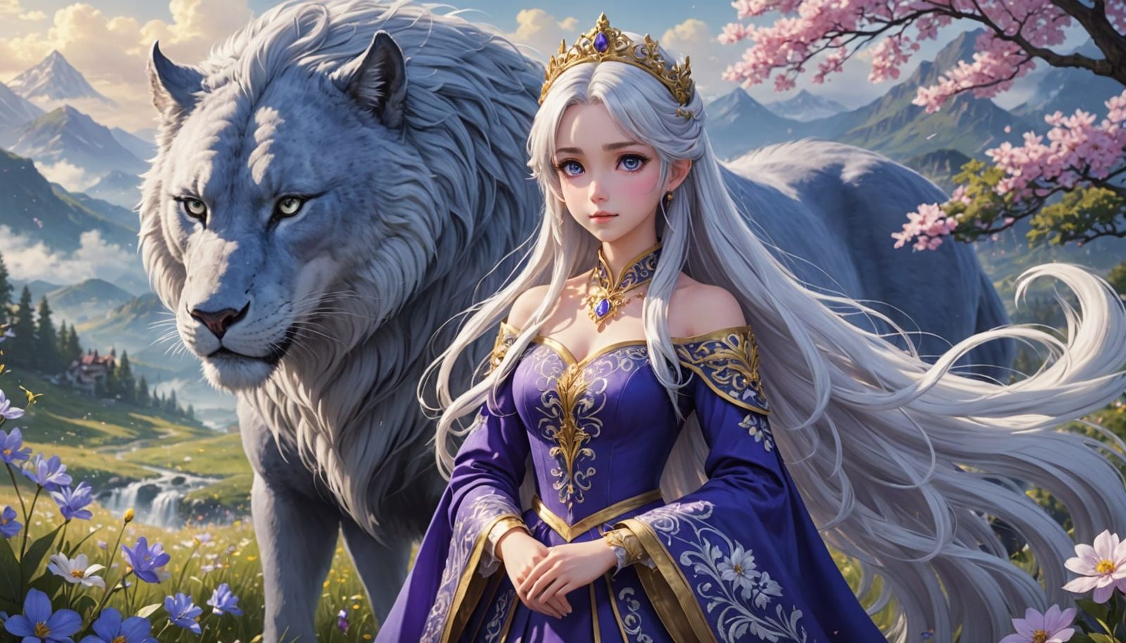 Anime Princess and Guardian Beast in Misty Meadow