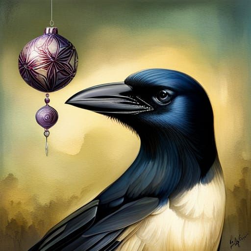 Festive Crow Portrait with Christmas Ornaments