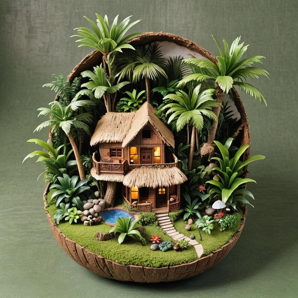 Diorama of a tropical house nestled inside a coconut shell #...