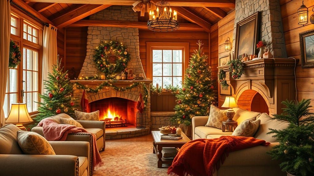 Warm Winter Cozy Cabin Scene in Soft Watercolor Style