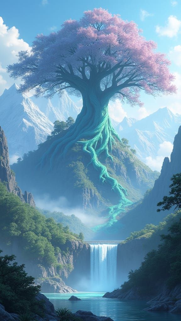 Magical Tree in Snow-Capped Mountain Landscape