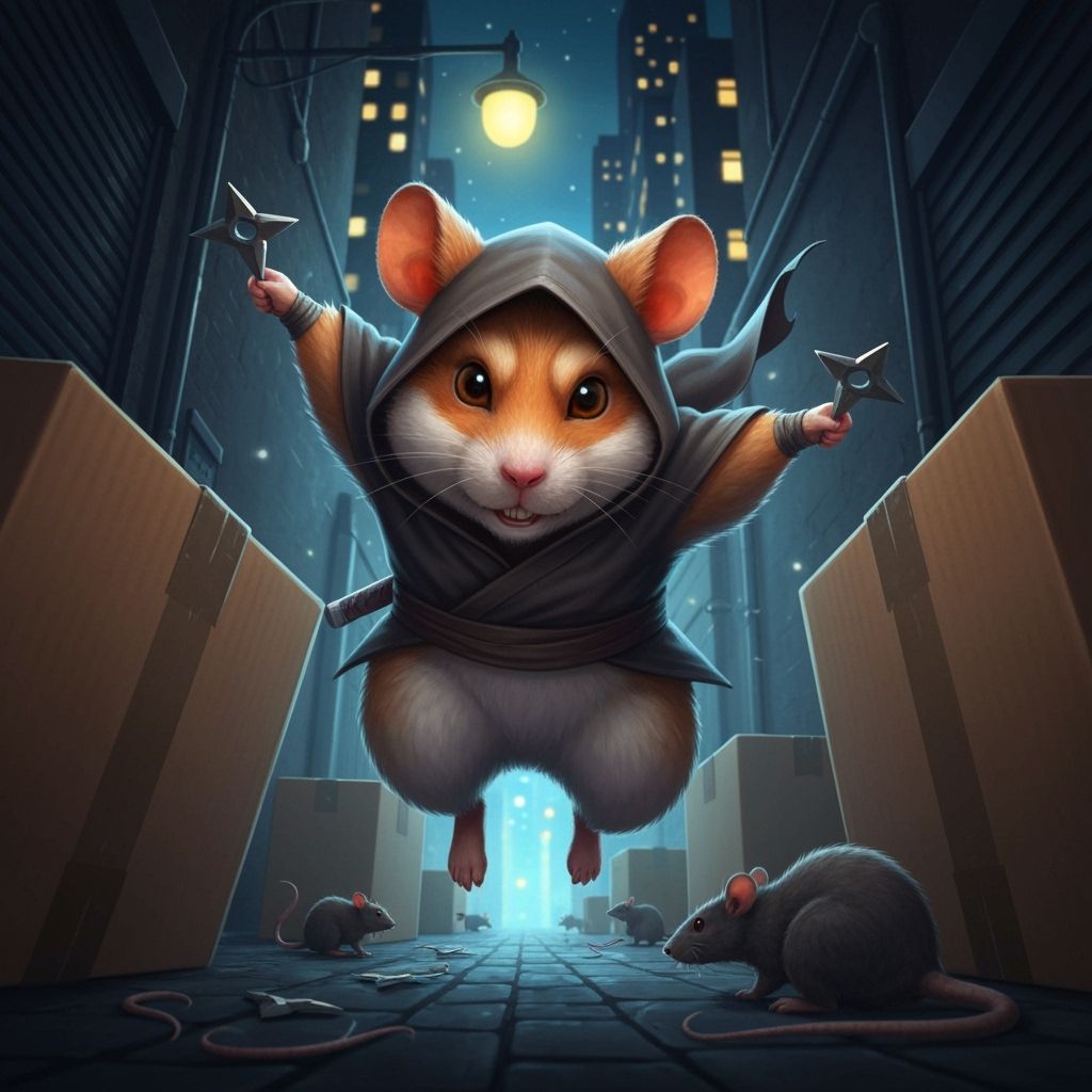 Ninja Hamster Leaps Through Dark Alley in Cartoon Realism