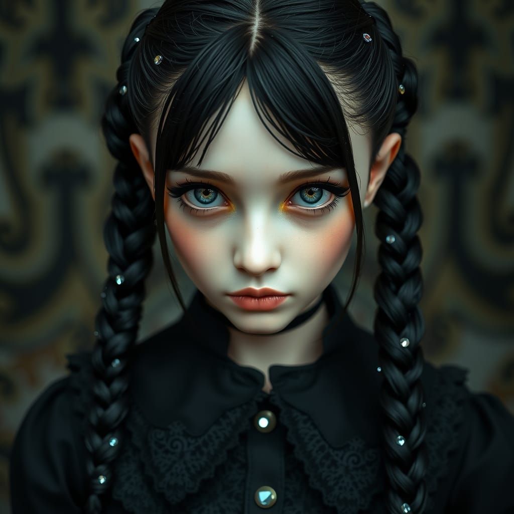 Wednesday Addams Close-Up with Glimmering Crystals