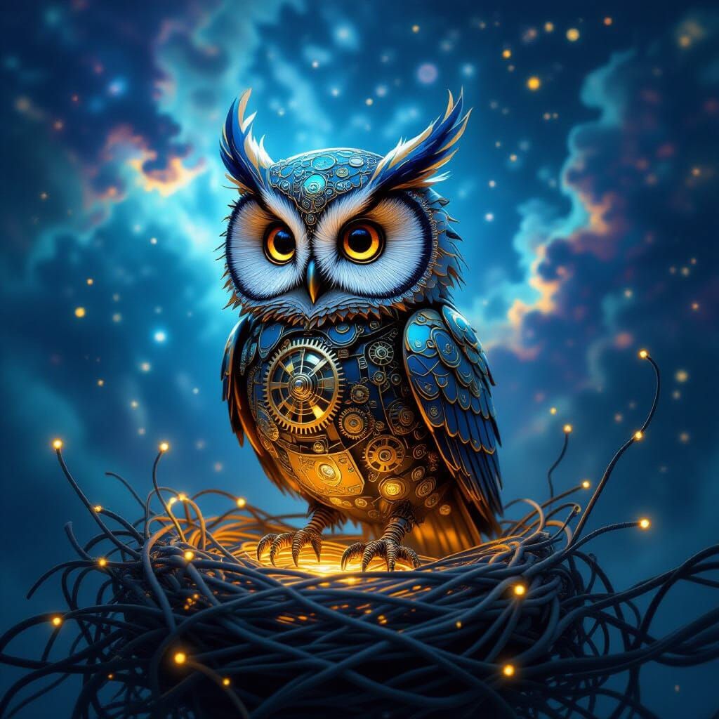 Clockwork Owl Automaton in Nebula Art Style