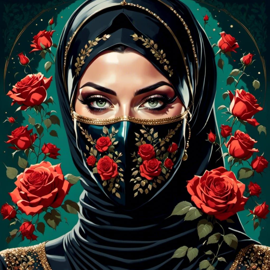 Masked Hijabi Portrait with Roses, Digital Art