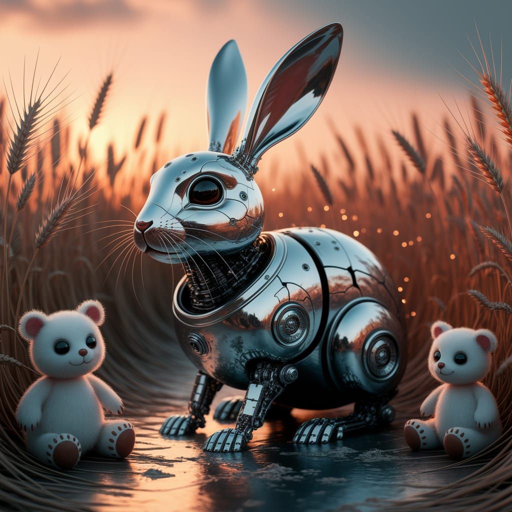 Futuristic Hydromech Rabbit in Haunting Sunset Scene