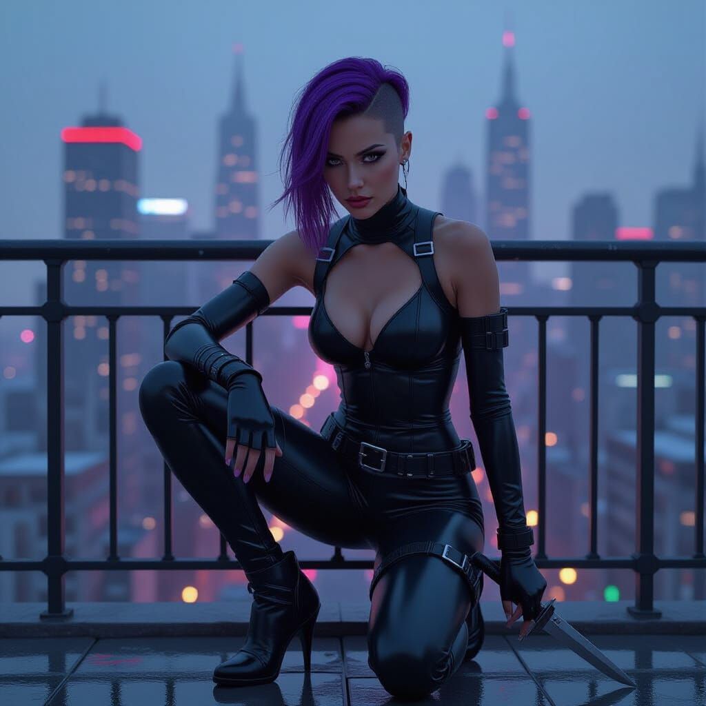 Cyberpunk Assassin on Balcony Overlooking City