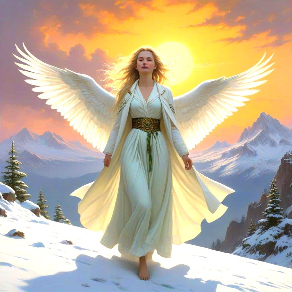 Ethereal Snow Owl Rides with Beauty across Golden Peaks