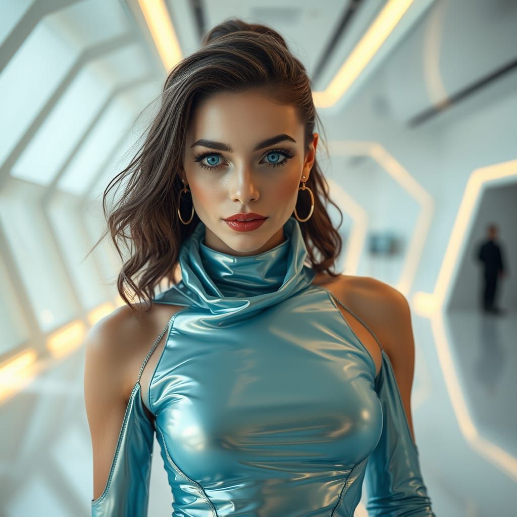 Futuristische Prinzessin Meditiert in Glanzender Umgebung