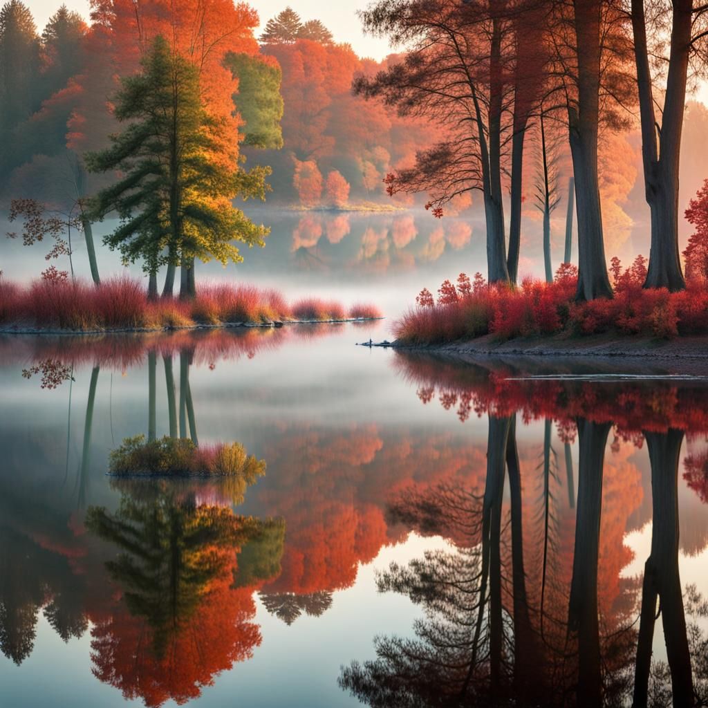 Atmospheric Autumn Landscape at Dawn with Misty Lake
