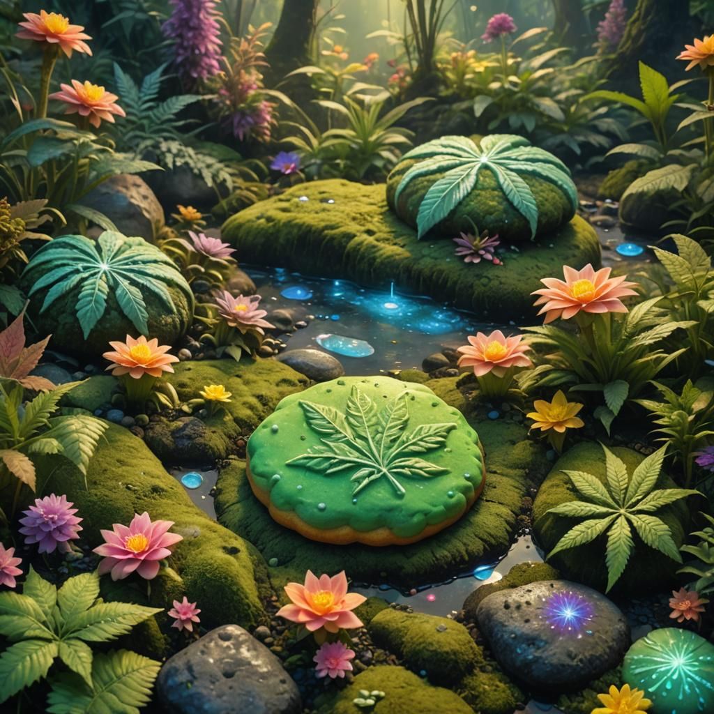 Glowing Cookie in Lush Cannabis Garden