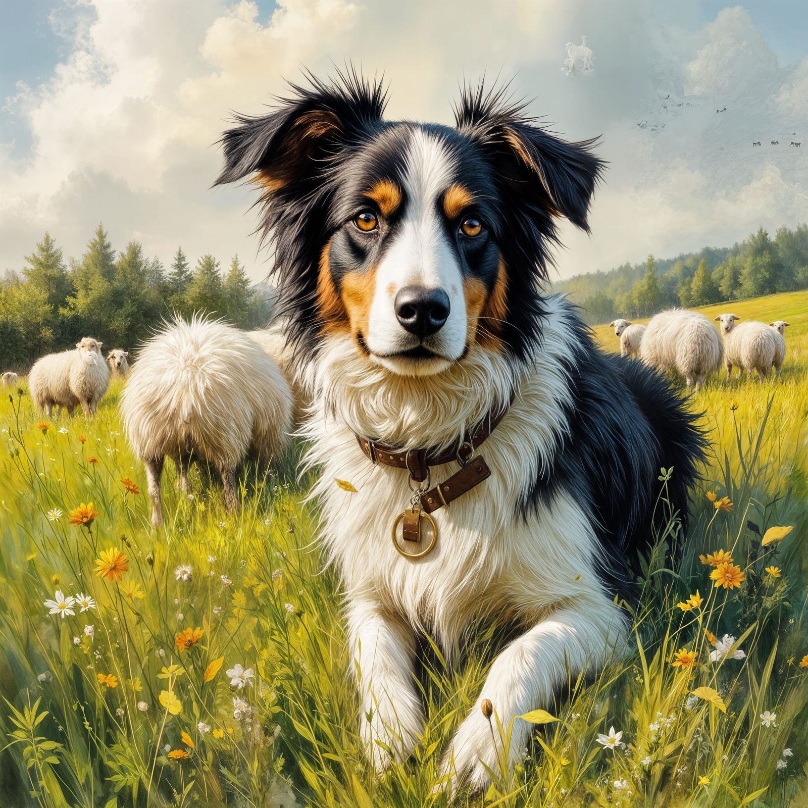 Border Collie Herding Sheep: Simple Line Art