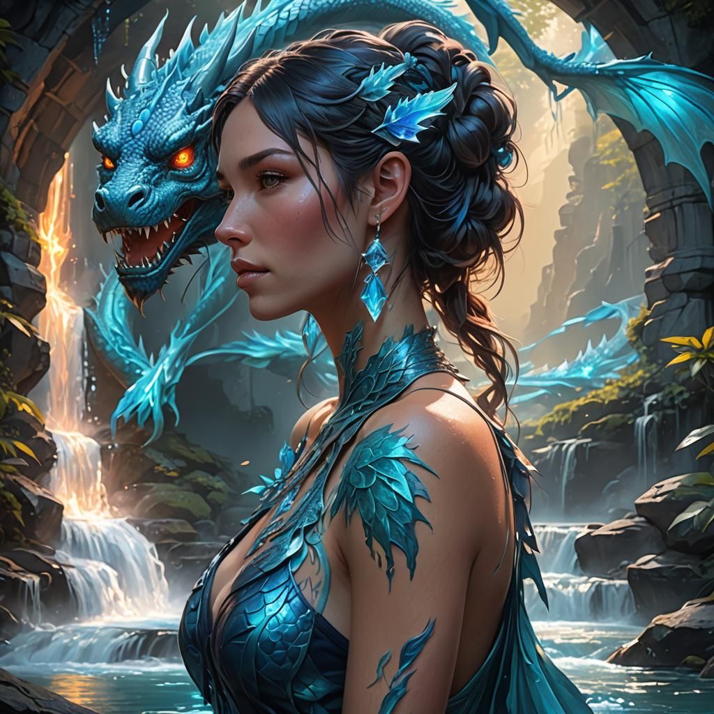 Woman with Dragon Tattoo in Crystal Forest