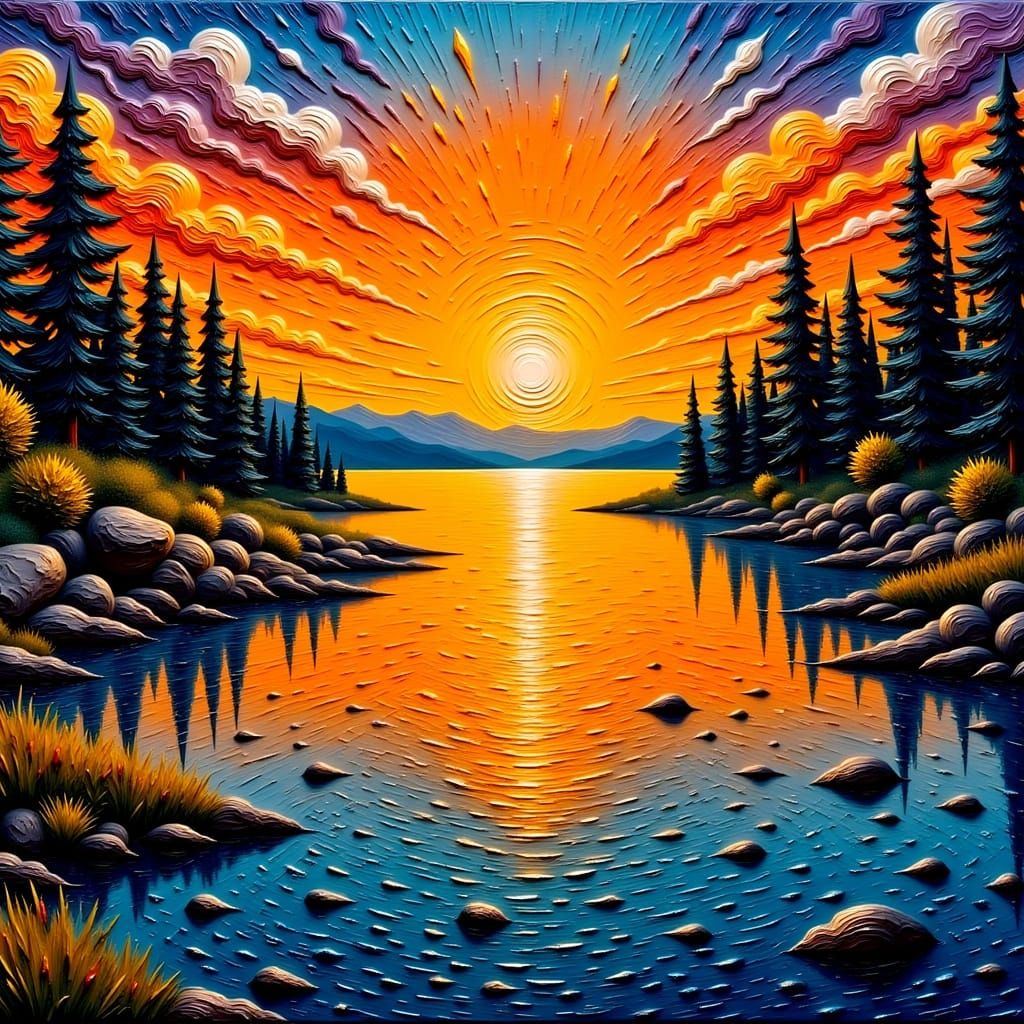<lora:ImpastoFlux:1.0> impasto landscape, lakeside sunset