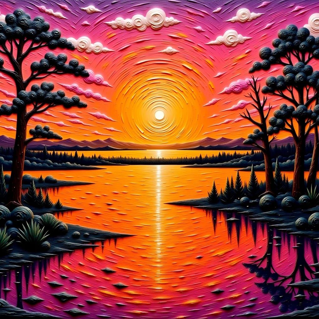 <lora:ImpastoFlux:1.0> impasto landscape, lakeside sunset