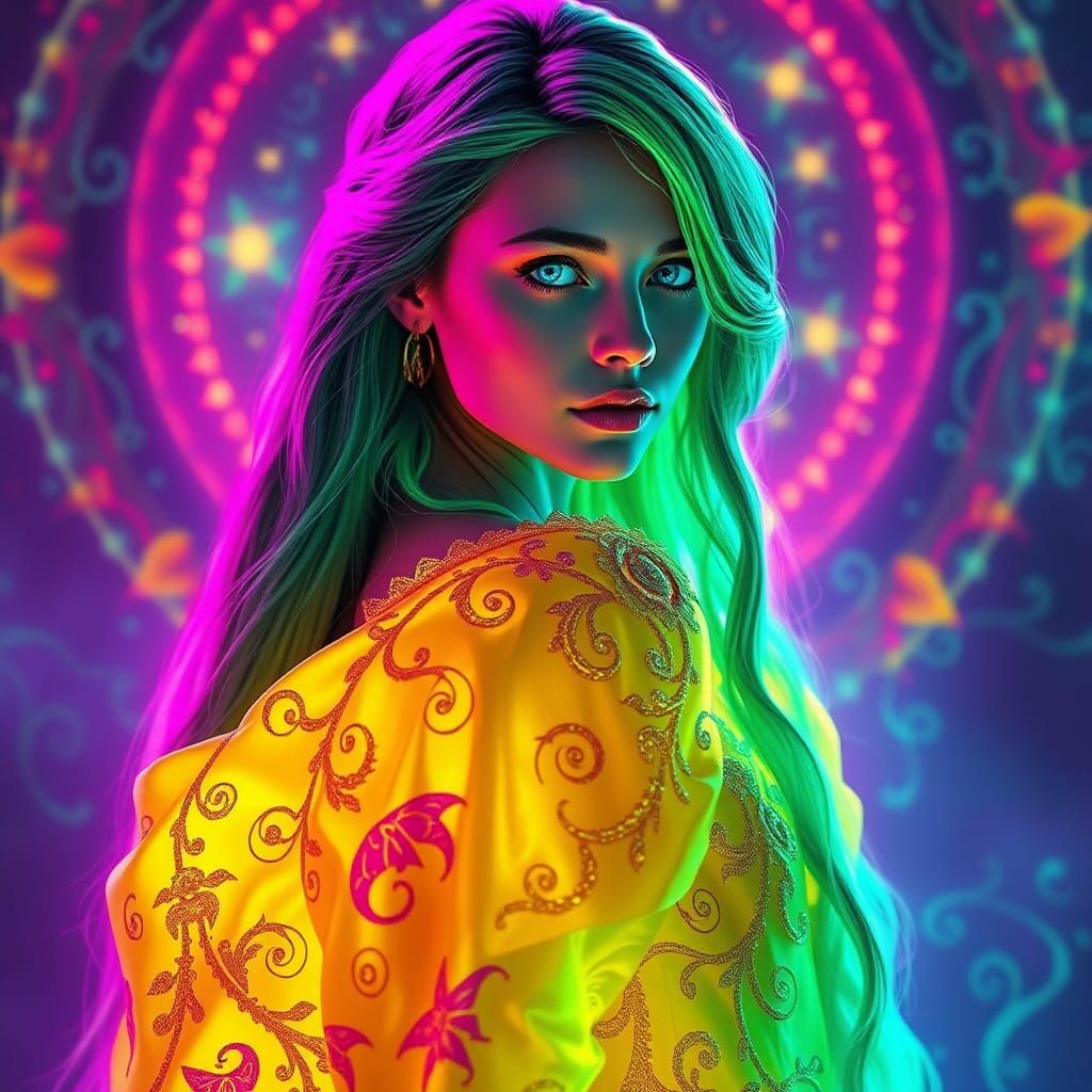 Girl with Glowing Hair in Fantasy Style