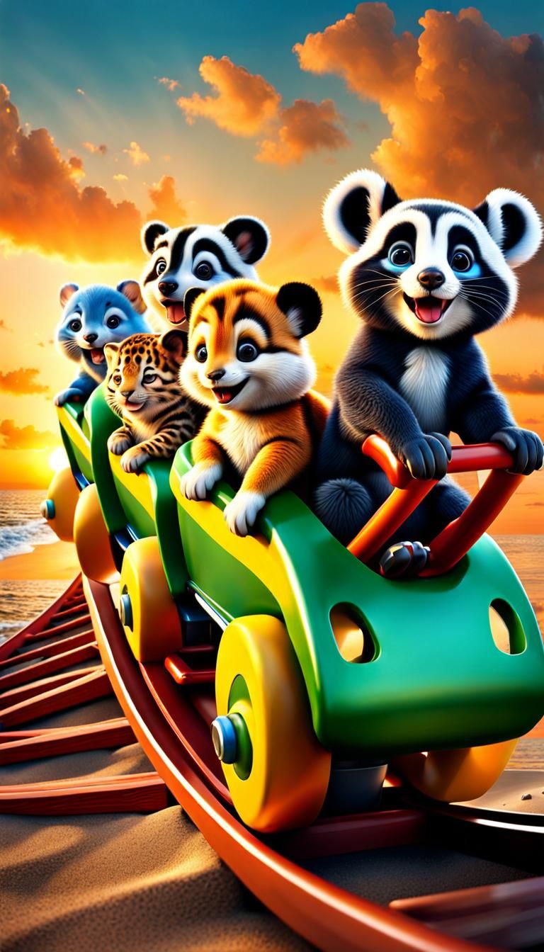 Animal Babies Ride Roller Coaster at Sunset