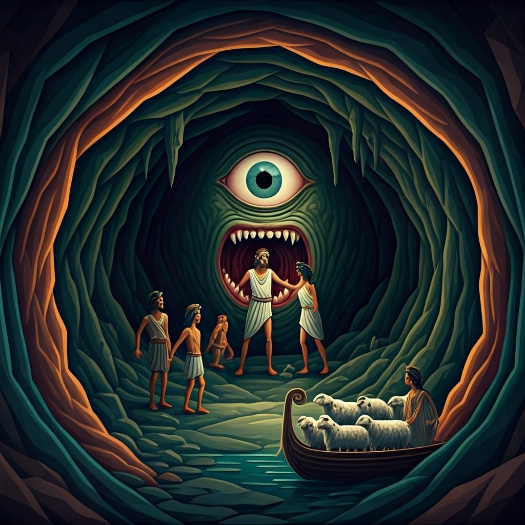 Cyclops Devours Greeks in Neo-Cubist Style