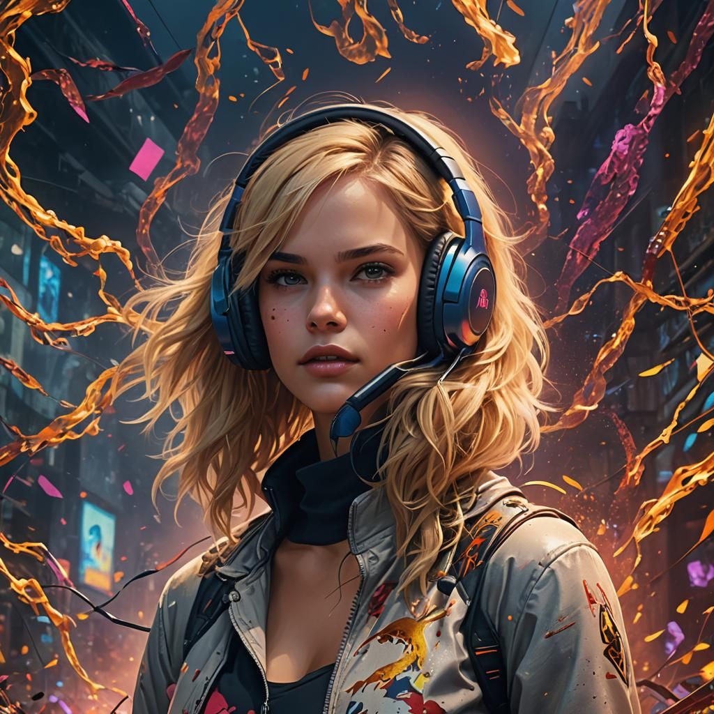 Blonde Girl with Headphones: Detailed Digital Painting