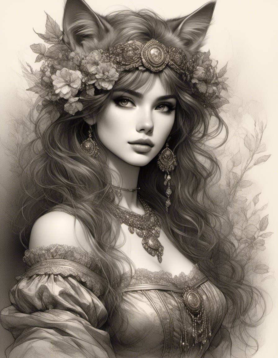 Detailed Sketch of a Neko Girl with Gold Eyes