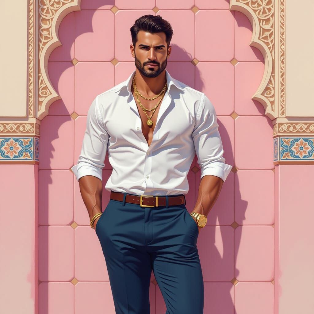 Elegant Man with Gold Jewelry on Pink Tile