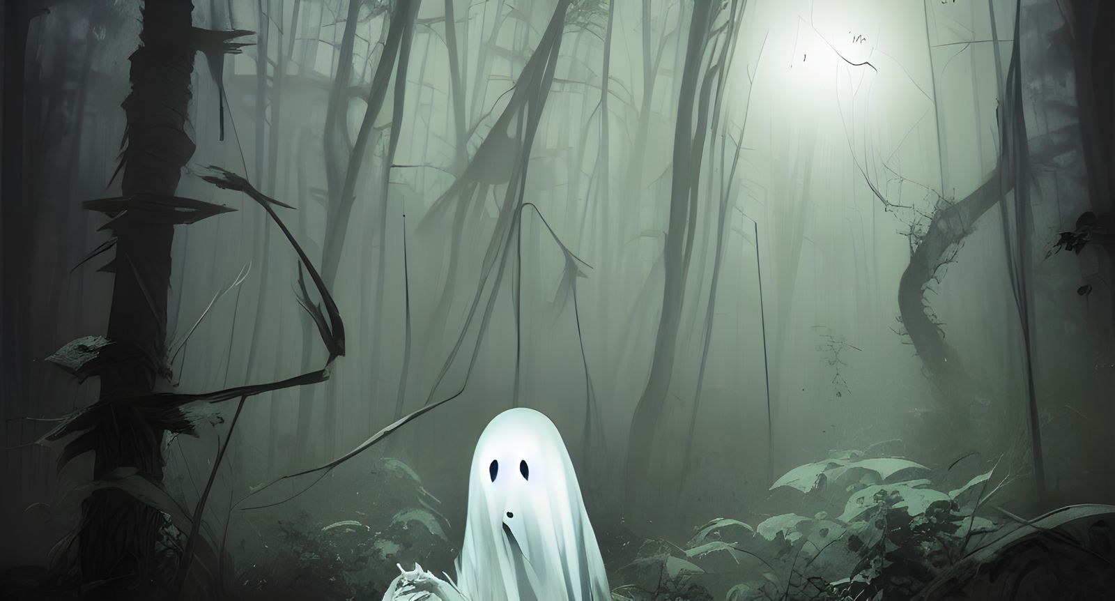 Scary White Ghost in Dark Forest Illustration