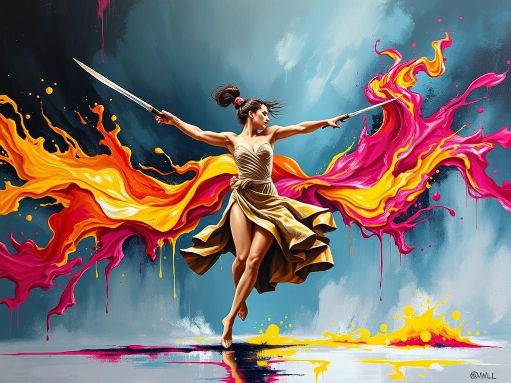 Vibrant Sword Dancer Painting in Expressionist Impasto Style