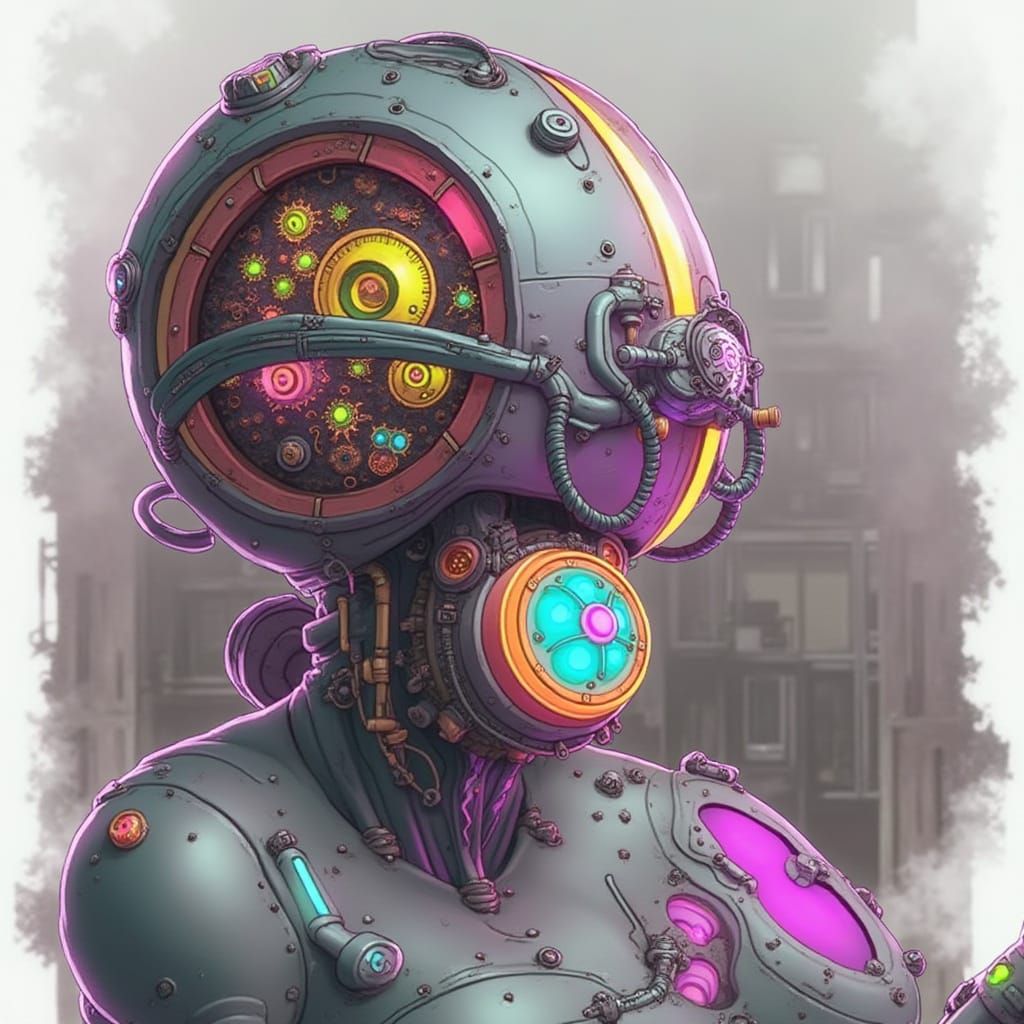 Steampunk Space Explorer in Vibrant Neon Cityscape