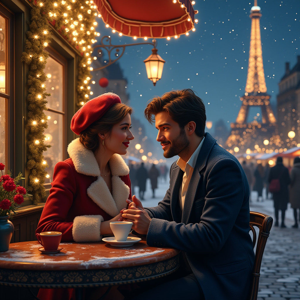 Romantic Cafe Scene with Eiffel Tower View