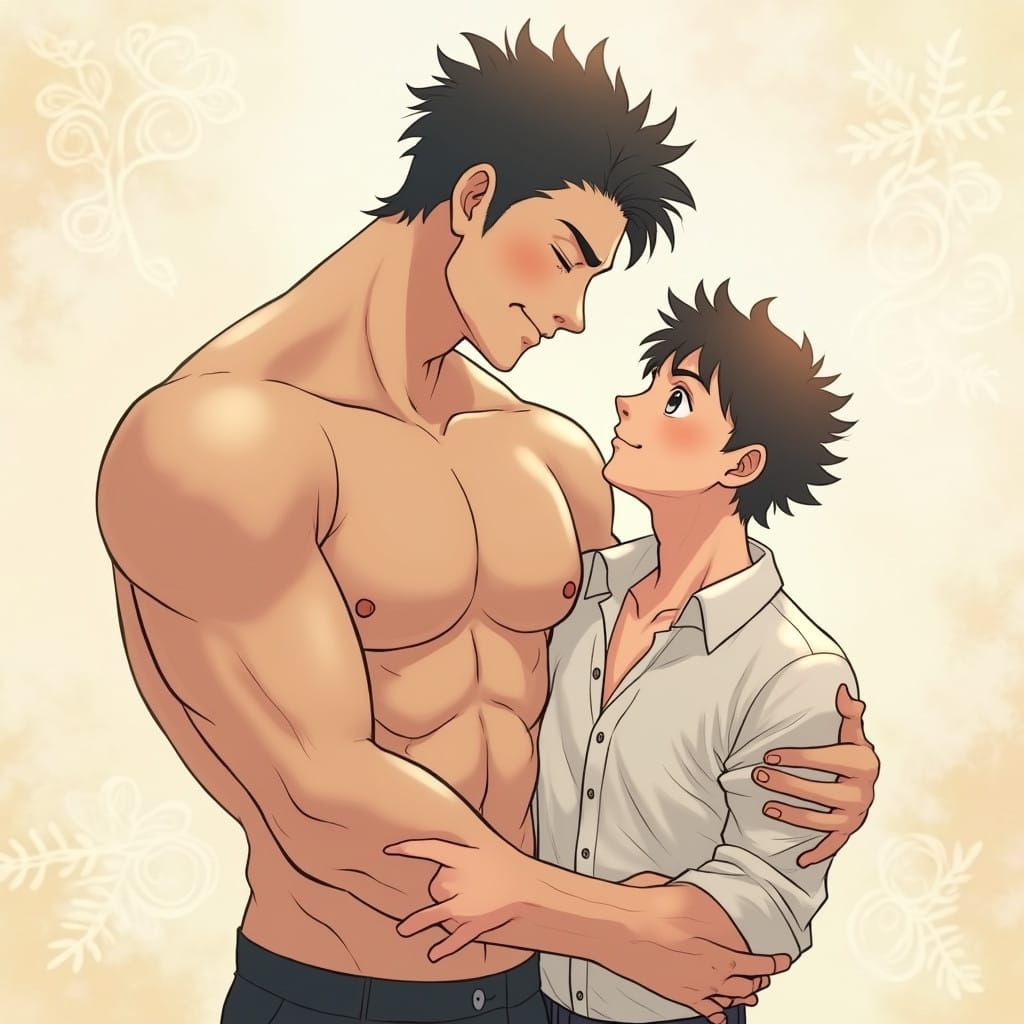 Tender Moment Between Two Men in a Whimsical Japanese Garden