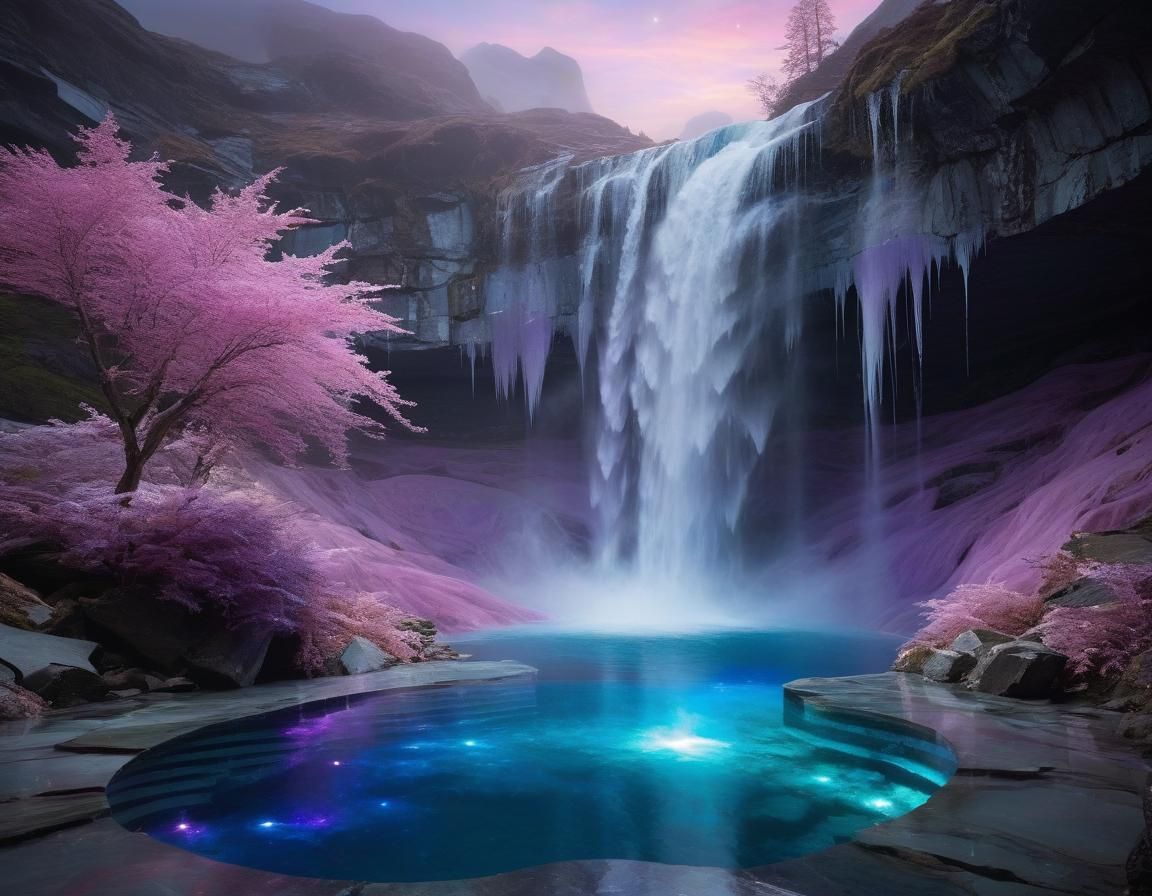 Surreal Bioluminescent Waterfalls with Crystalline Formation...