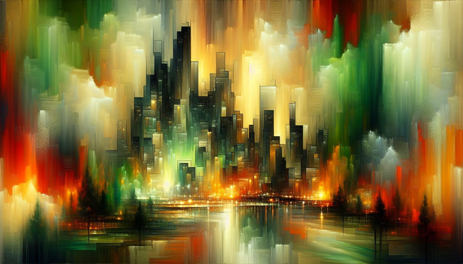 Abstract Cityscape Oil Painting with Green and Orange Hues
