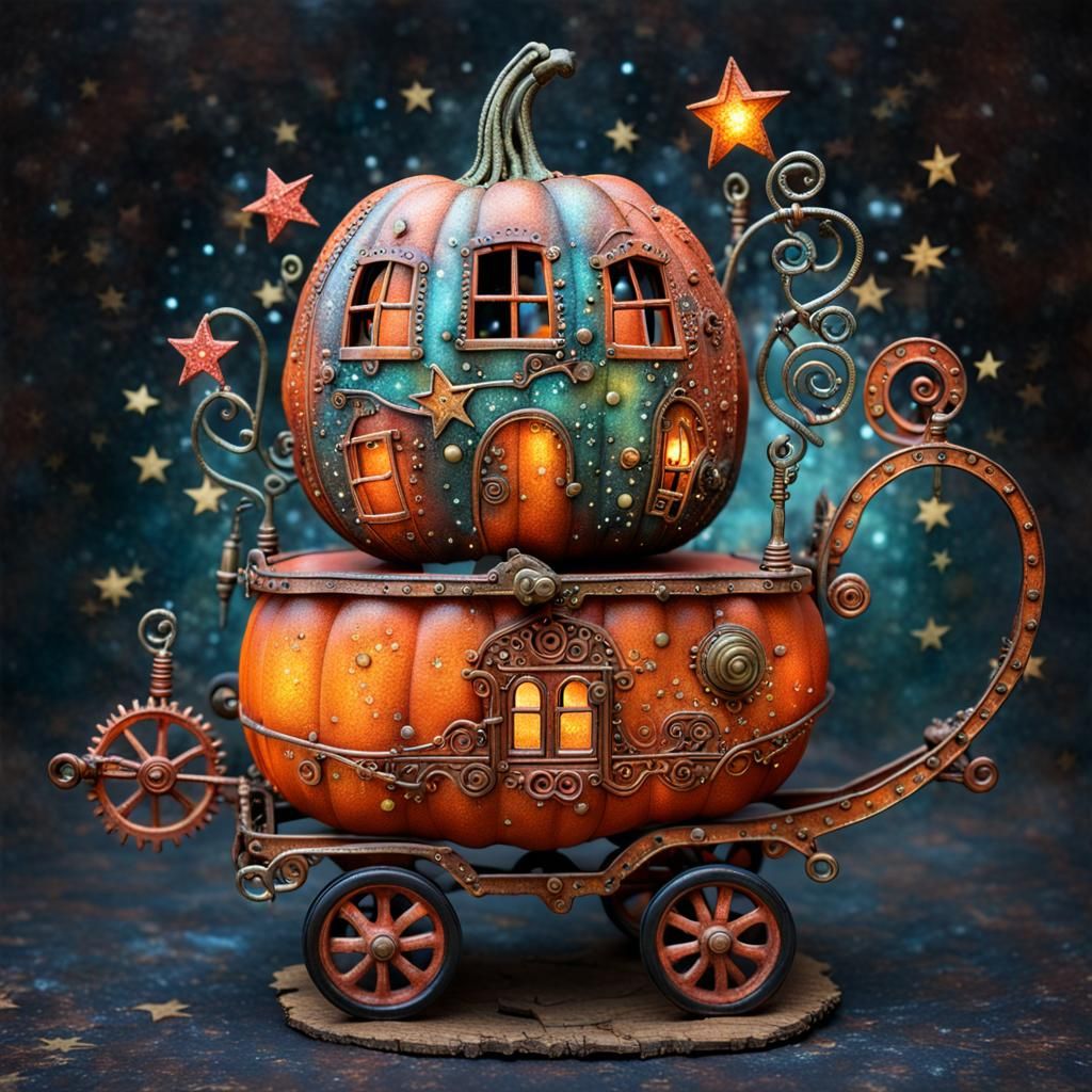 Steampunk Wagon and Pumpkin in Surreal 3D Render