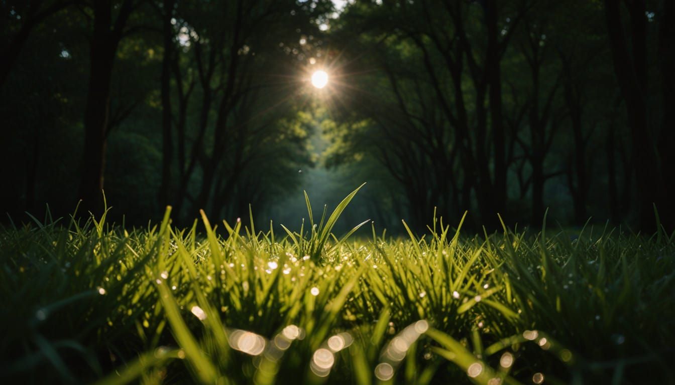 Delicate Morning Dew on Lush Green Grass in Soft Warm Light