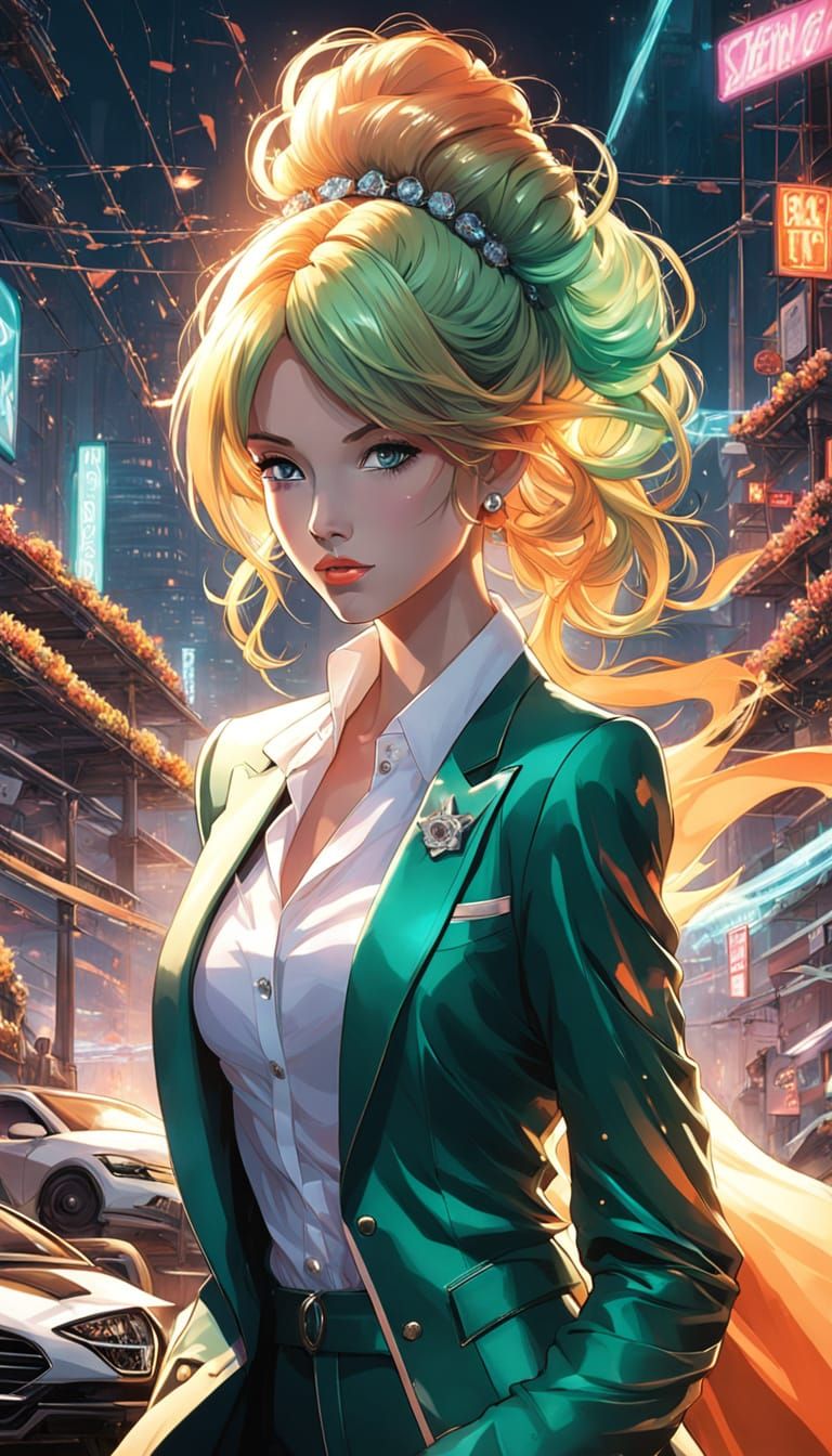 Colorful Comic Book Woman in Green Suit
