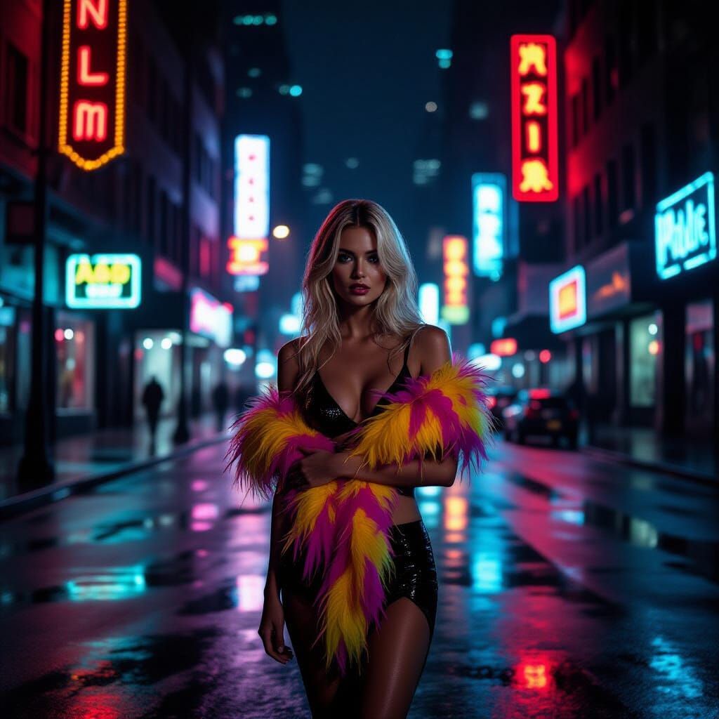 Woman in Feather Boa on Rainy Midnight Street